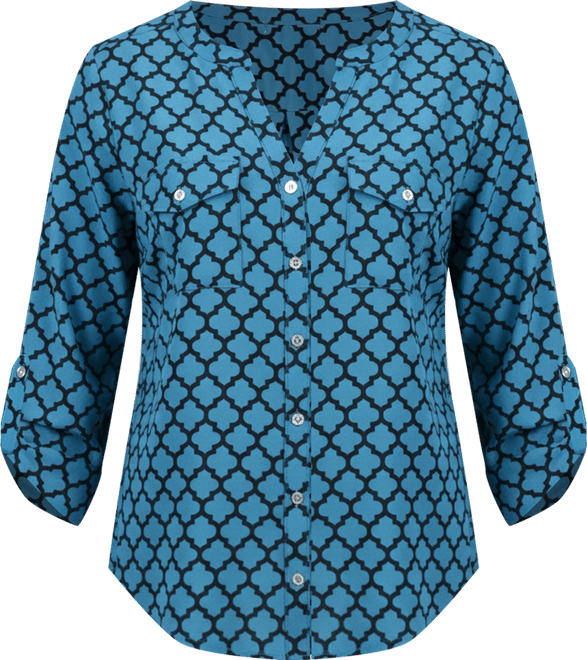 Petite 3/4 Sleeve Roll Tab Y Neck Blouse