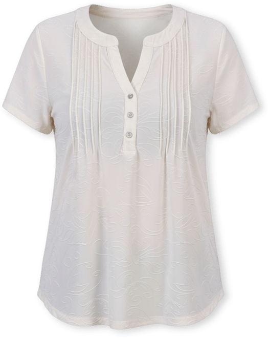 Petite Short Sleeve Y Neck Jacquard Knit Top