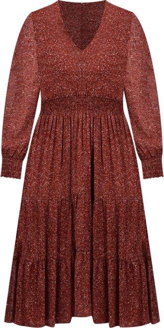 Women's Long Sleeve Clip Dot Chiffon Dress with Smocked Waist and Cuffs Dress