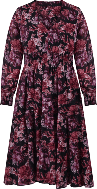 Women's Long Sleeve Clip Dot Chiffon Dress with Smocked Waist and Cuffs Dress