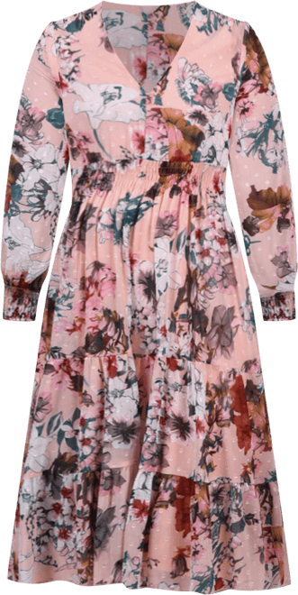 Women's Long Sleeve Clip Dot Chiffon Dress with Smocked Waist and Cuffs Dress