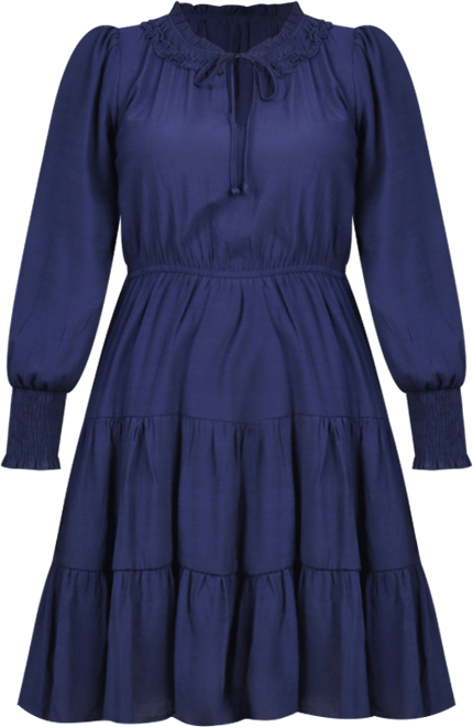 Petite Long Sleeve Tiered Dress with Ruffled Neck