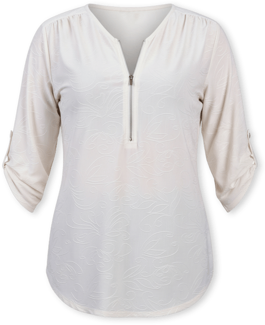 Petite 3/4 Roll Tab Zip Front Jacquard Knit Top