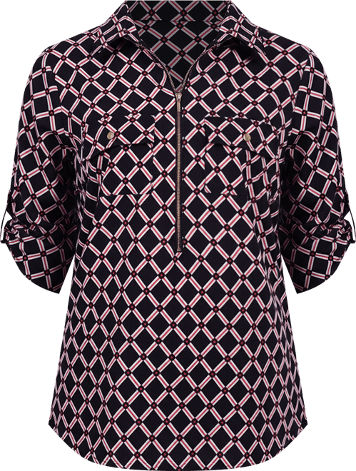 Petite 3/4 Roll Tab Sleeve Zip Front Top