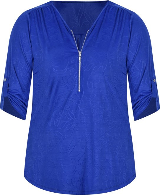 Petite 3/4 Roll Tab Zip Front Jacquard Knit Top