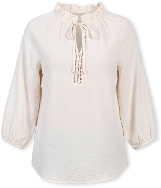 Petite 3/4 Sleeve Ruffle Neck Blouse