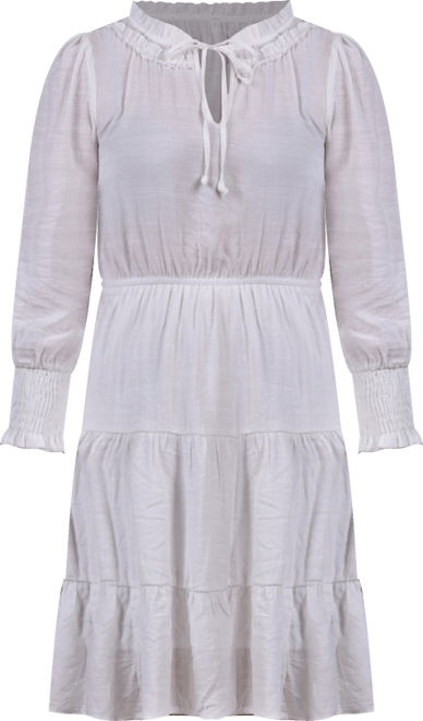 Petite Long Sleeve Tiered Dress with Ruffled Neck