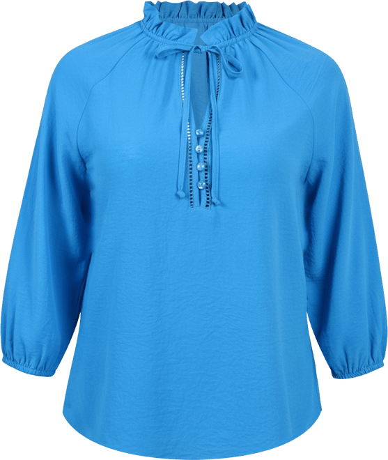 Petite 3/4 Sleeve Ruffle Neck Blouse