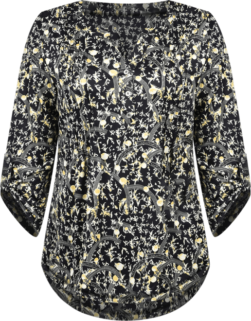 Petite 3/4 Roll Tab Sleeve Y-neck Top