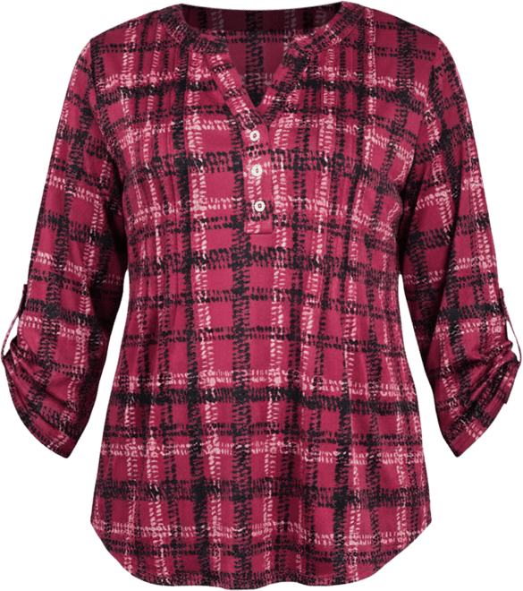 Petite 3/4 Roll Tab Sleeve Y-neck Top