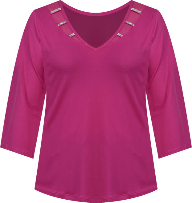Petite 3/4 Sleeve Top with Illusion Neckline and Stones