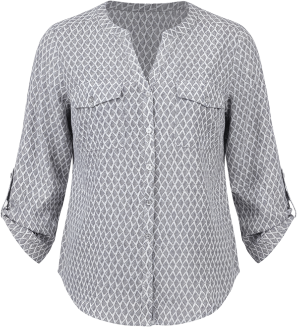 Petite 3/4 Sleeve Roll Tab Y Neck Blouse