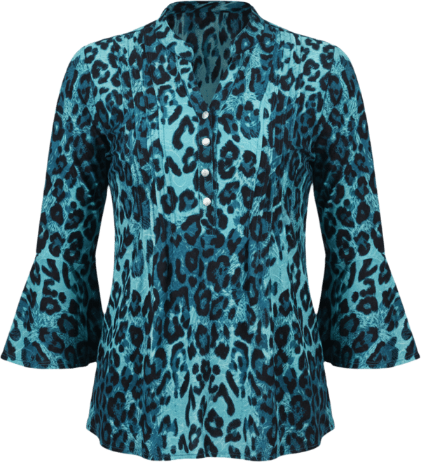 Petite 3/4 Bell Sleeve Printed Pleat Front Y-neck Top