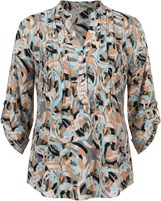 Petite 3/4 Roll Tab Sleeve Printed Pintuck Top