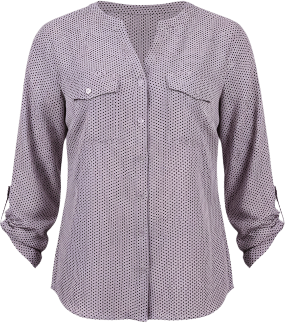 Petite 3/4 Sleeve Roll Tab Y Neck Blouse