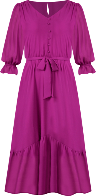 Petite 3/4 Sleeve V-neck Flounced Dress