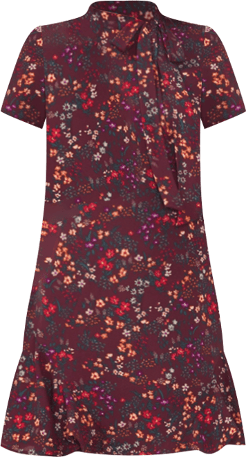 Women's Short Sleeve Printed Godet Dress With Bow Neck