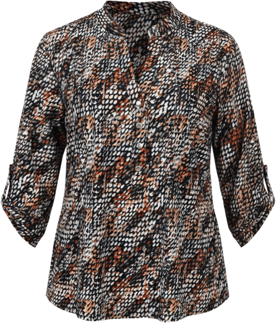 Petite 3/4 Roll Tab Sleeve Printed Pintuck Top