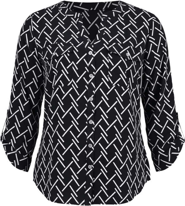 Petite 3/4 Sleeve Roll Tab Y Neck Blouse