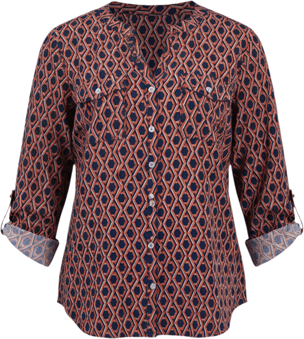 Petite 3/4 Sleeve Roll Tab Y Neck Blouse