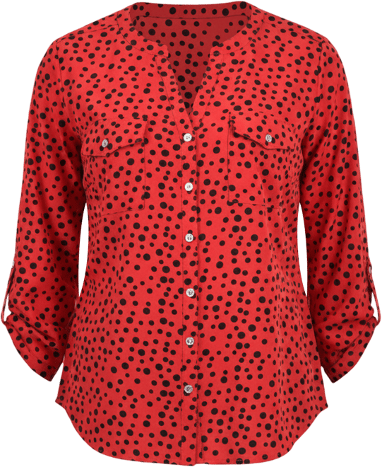 Petite 3/4 Sleeve Roll Tab Y Neck Blouse