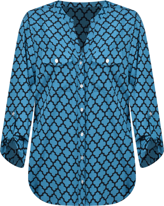 Women's 3/4 Roll Tab Sleeve Mandarin Collar Blouse