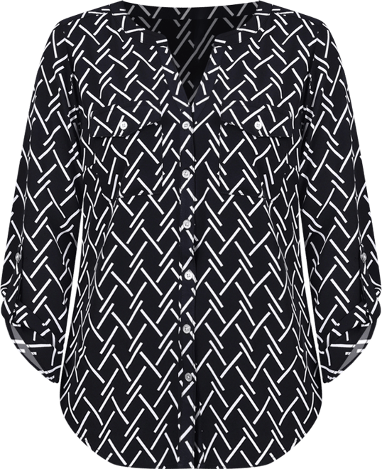 Women's 3/4 Roll Tab Sleeve Mandarin Collar Blouse